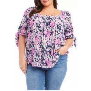 NWT Karen Kane Plus square neck top blouse on off shoulder tie cuffs pink floral
